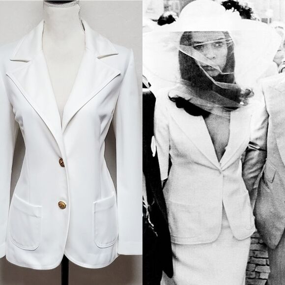 70s Vintage White Dagger Collar Fitted Smoking Jacket...